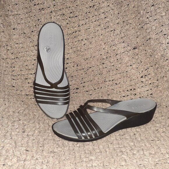 CROCS-Isabella Mini Wedge-Black/Smoke Gray Strappy Jelly Slip-on-Sz 9-Excellent - Picture 1 of 7